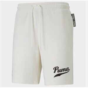 PUMA Mens Shorts Team 8 Inch Cotton Fleece Varsity Logo Pristine White